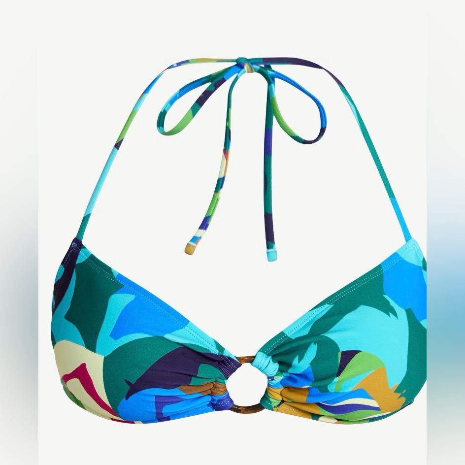 Time And Tru Abstract Tropical Bandeau Bikini Swim Top Xs Nwt Halter O-Ring
